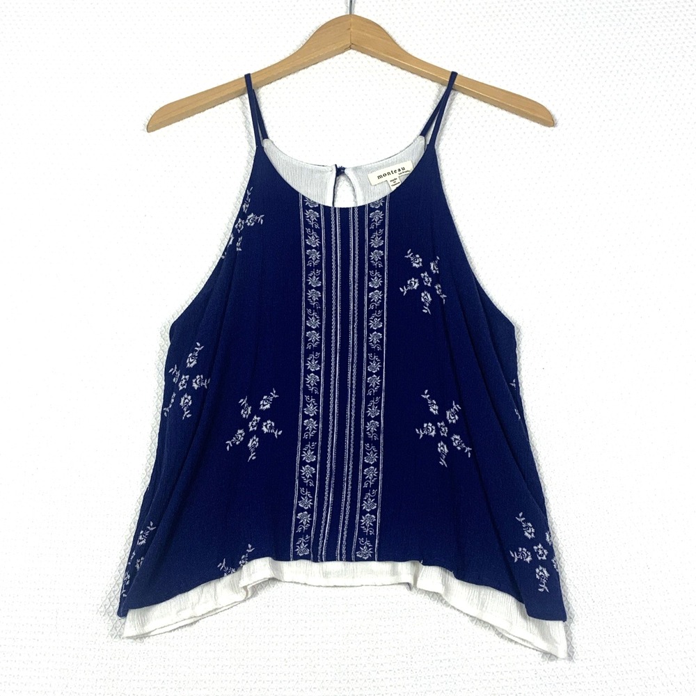 Monteau Los Angeles Blue Paisley Tank Top Womens Large L Boho Button Strap